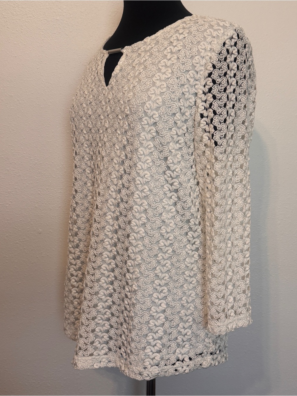 JM Collection White Crochet Lace Blouse Keyhole Neck 3/4 Sleeve Large - Picture 2 of 9